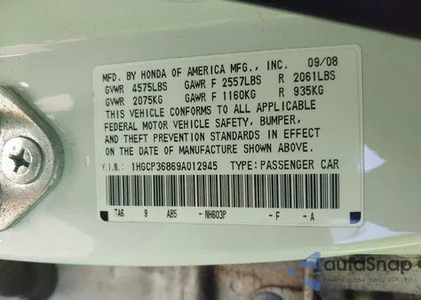2009 Honda Accord 3.5 Ex-L from USA, damaged, VIN 1HGCP36869A012945